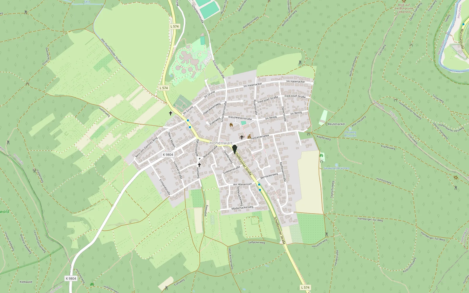 Karte von Hohenwart mit dem Landgasthof Engel an der Schellbronner Straße, südlich der Ortsmitte