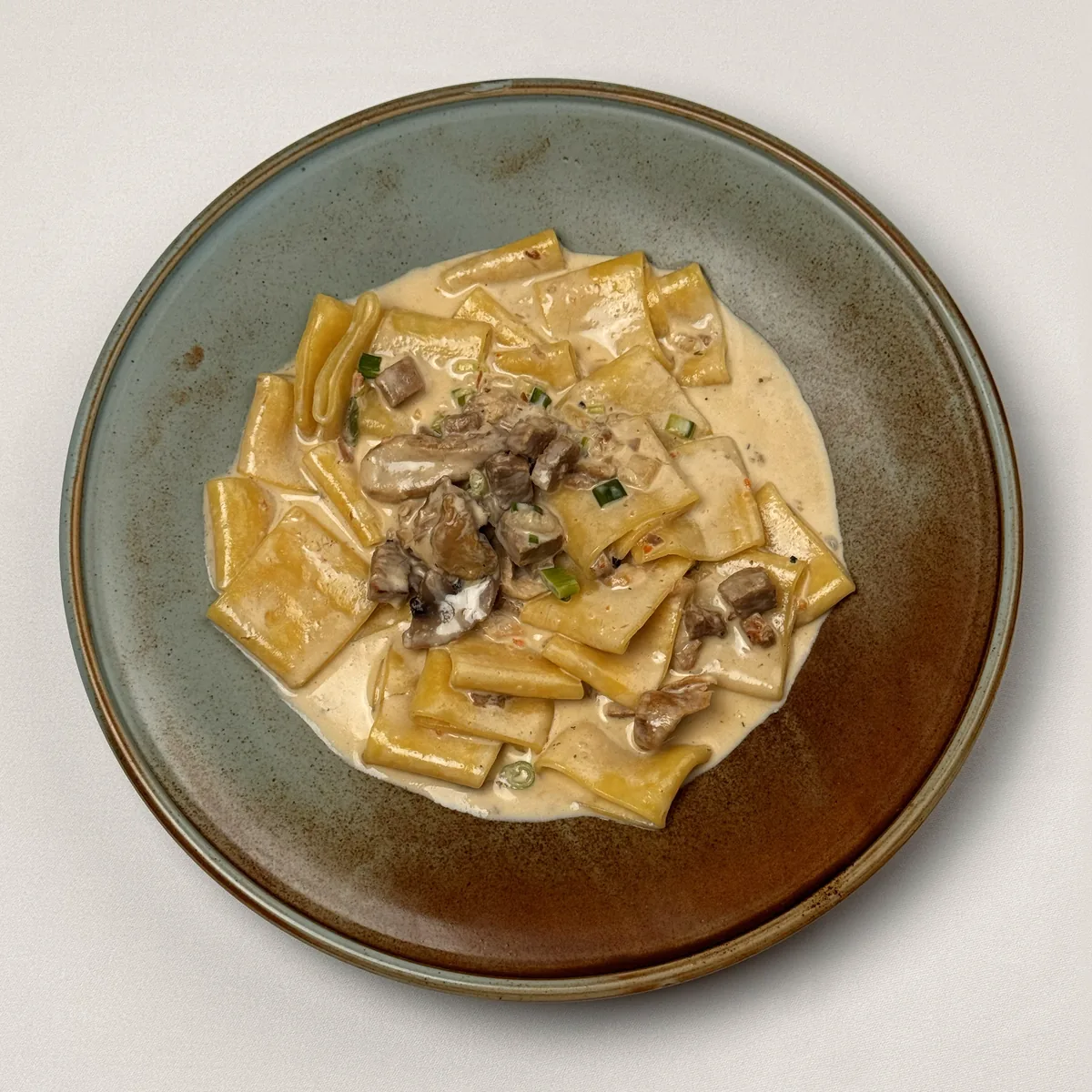 Paccheri mit Steinpilzen und Kalbfleisch in Sahnesoße mit Frühlingszwiebeln