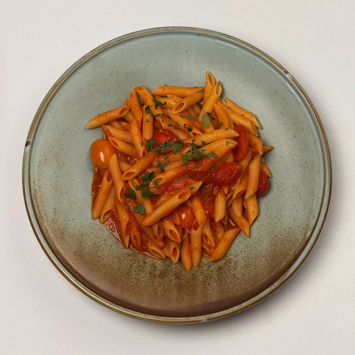 Penne all’Arrabbiata in Tomatensoße mit Kirschtomaten und Petersilie